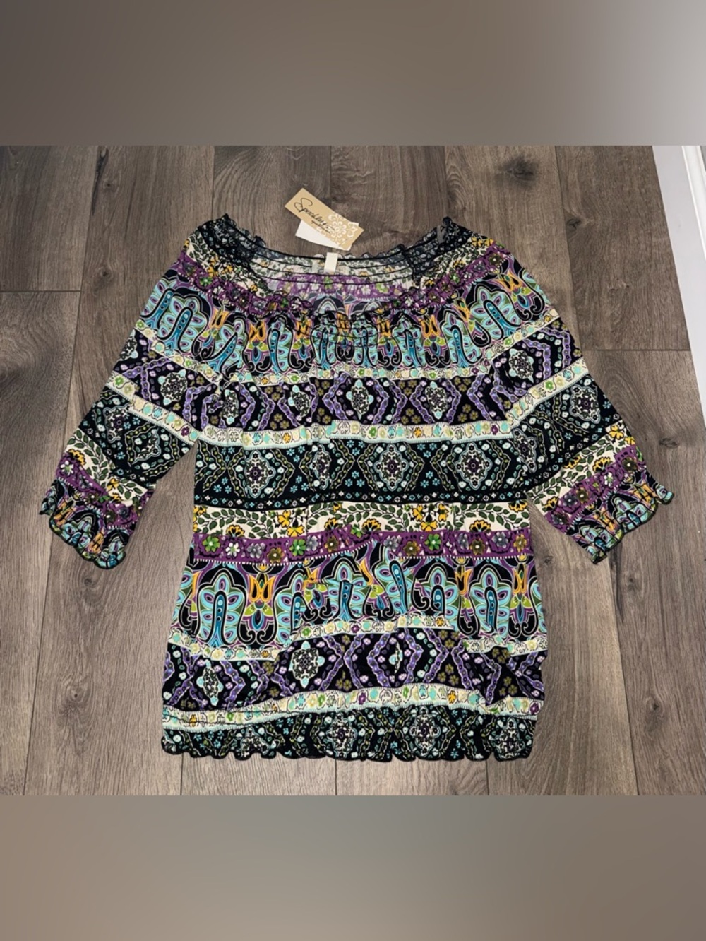 Speechless Black Purple Multi Boho Off-Shoulder Blouse